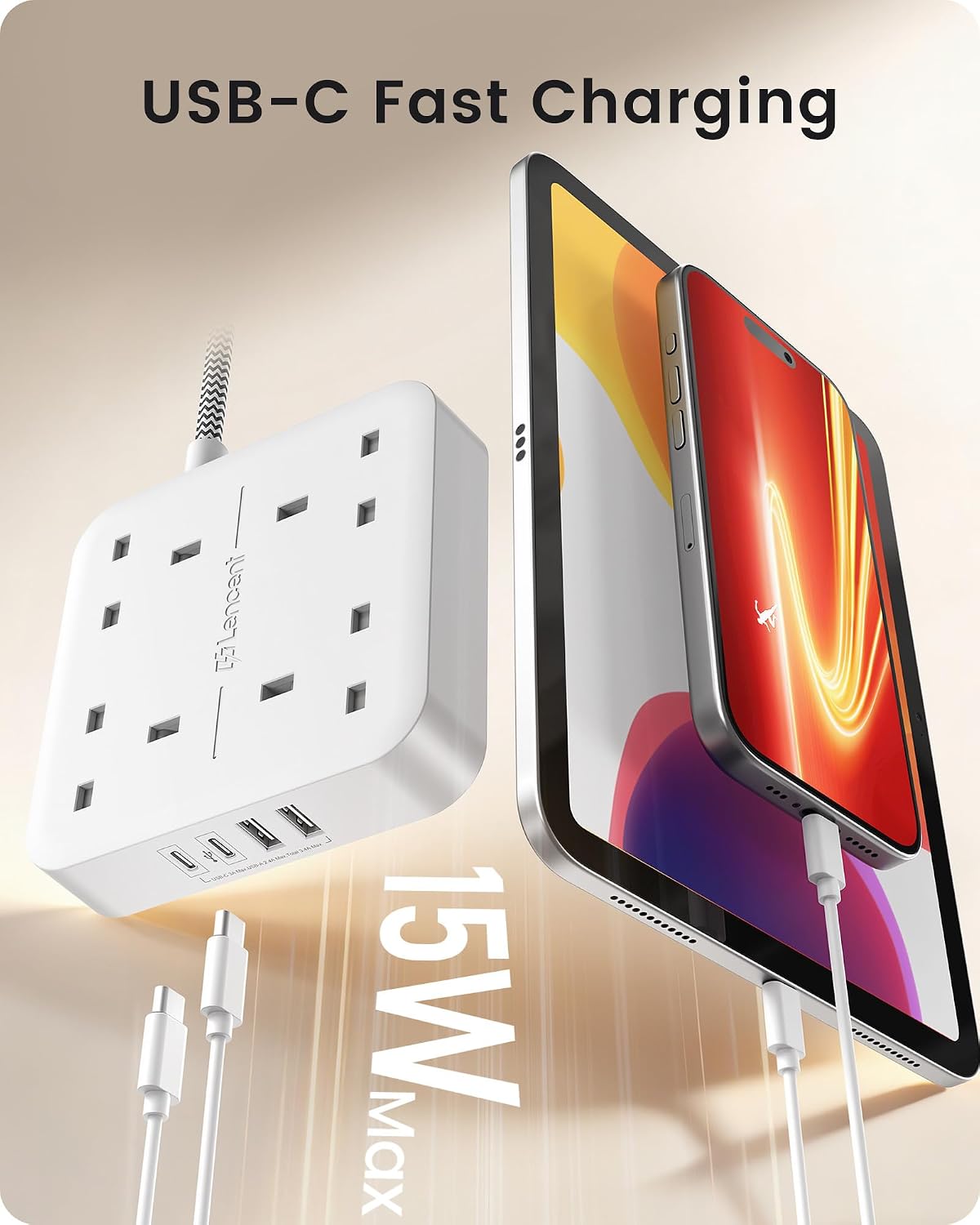 Detalle de LENCENT 4-Way Power Strip 3250W with USB