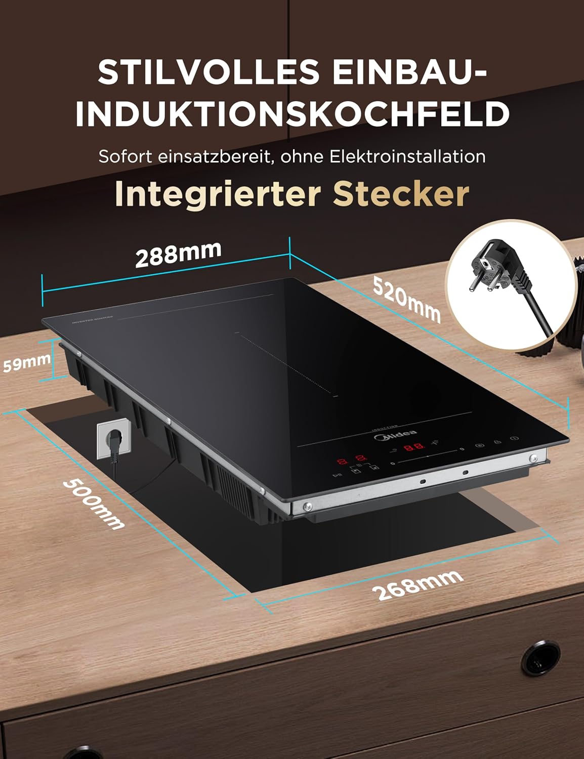 Detalle de MIDEA Induktionskochfeld mit Flexzonen – Glaskeramik, 220–240V, Berührungskontrolle
