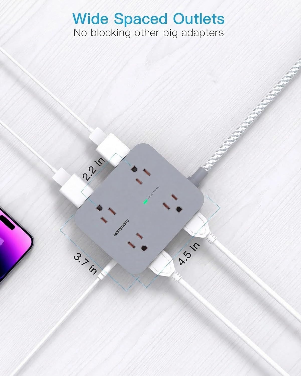 Detalle de HANYCONY HN8U5WC2 Power Strip with 8 Outlets, 4 USB Ports and Flat Plug