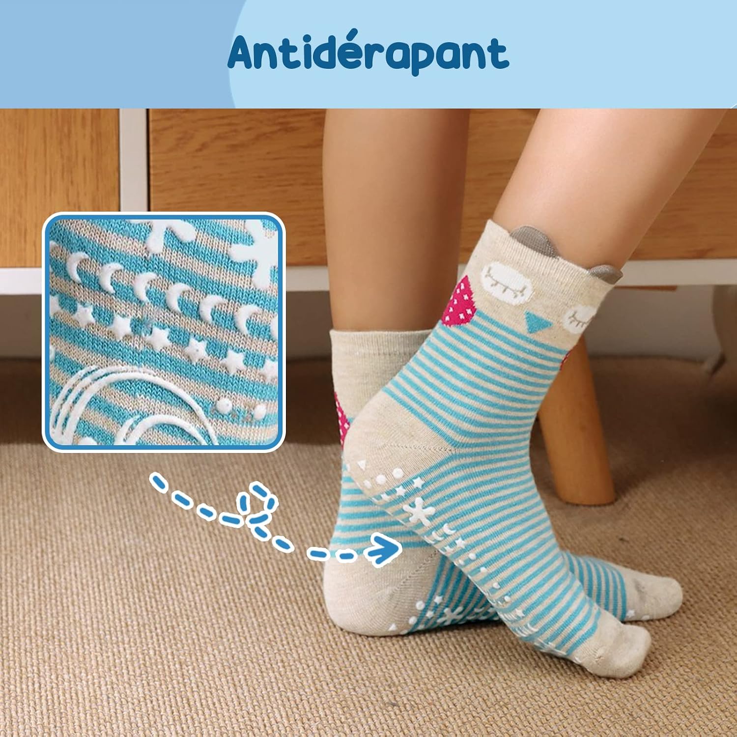 Detalle 2 de PUTUO Chaussettes Antidérapantes Enfant 5 paires