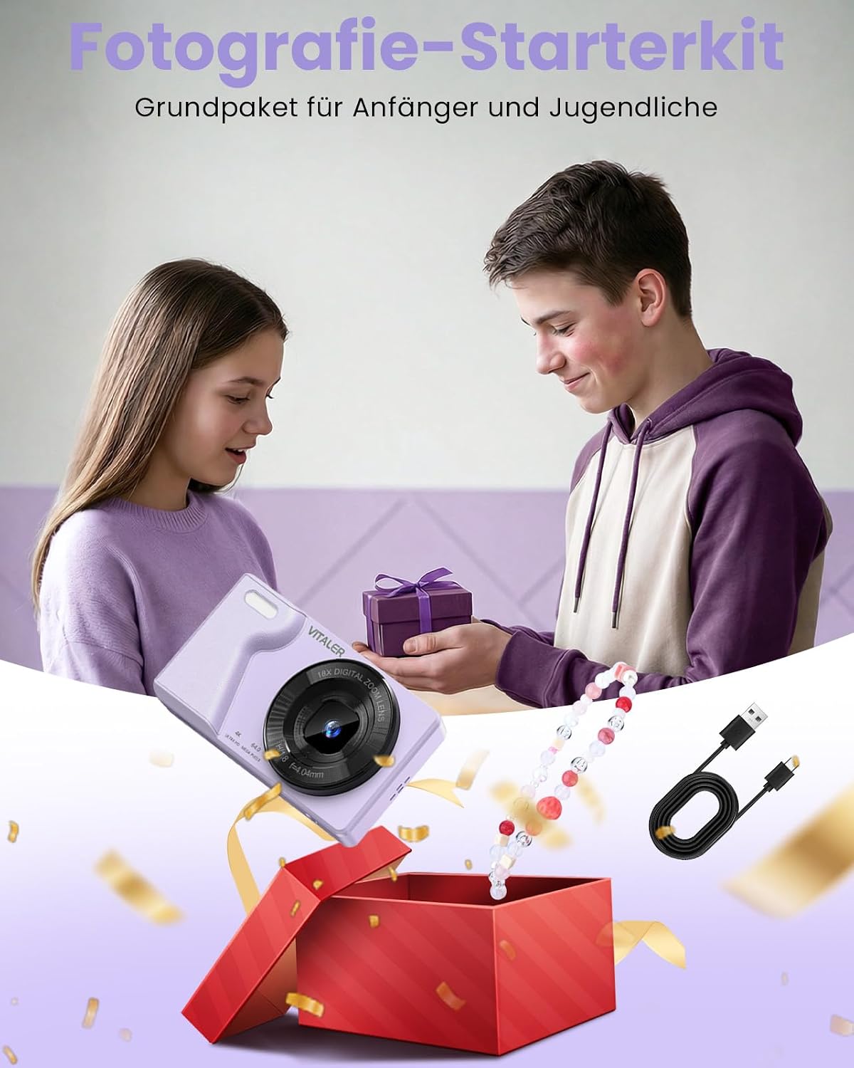 Thumbnail 6 de Digitalkamera 64MP Fotokamera 4K mit Doppelobjektiv – kompakt, leicht und kreativ (Lila, OHNE SD-KARTE)
