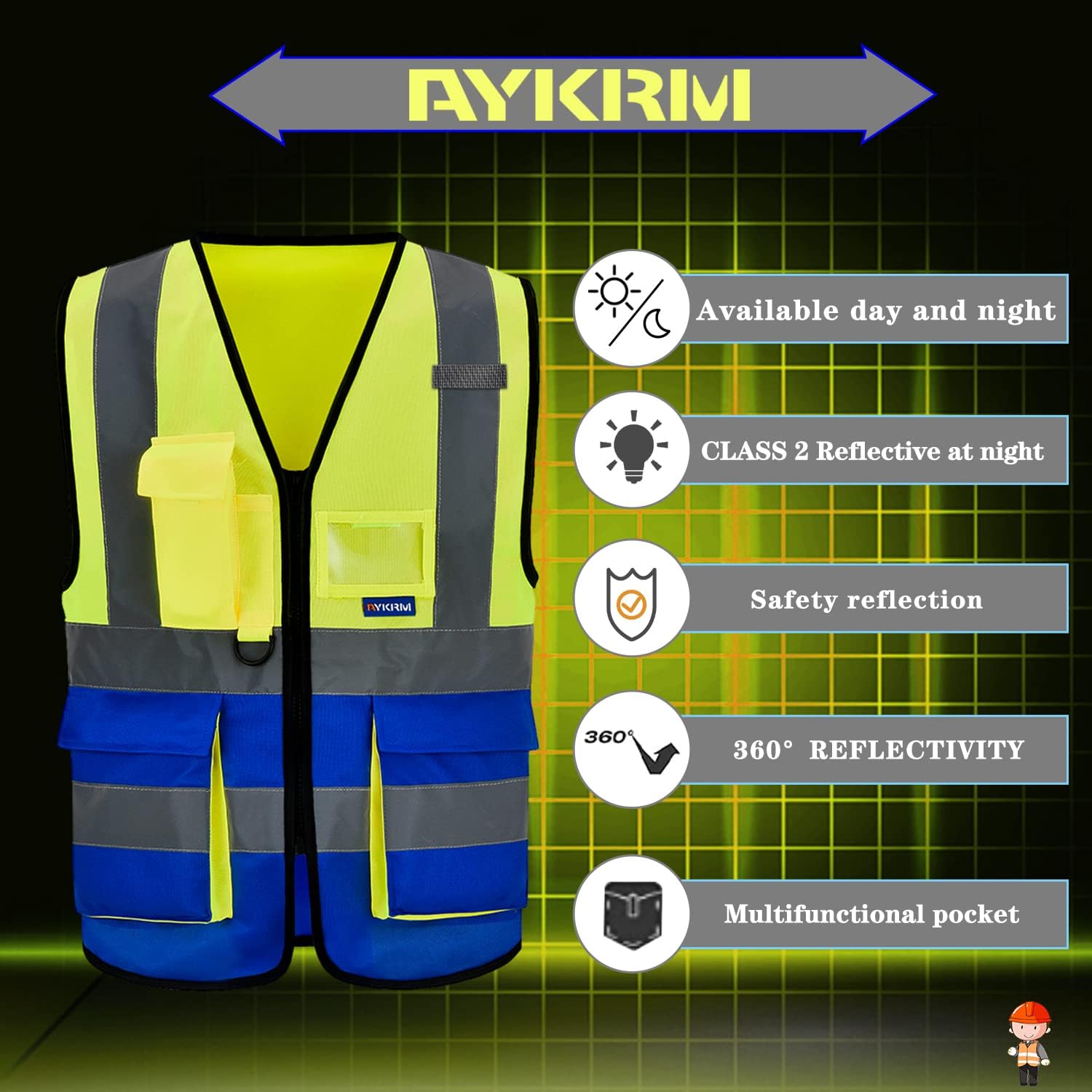 Detalle de AYKRM 21-colours hi-vis executive safety vest with zip front, phone & ID pockets