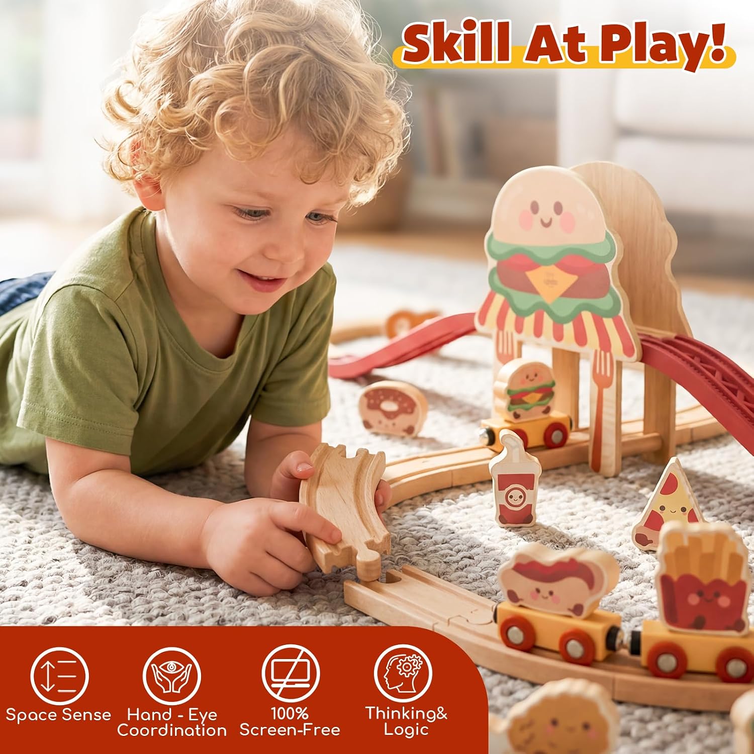 Detalle de Lehoo Castle WTT-007 Wooden Train Set, 36 Pieces, Burger-Themed Play