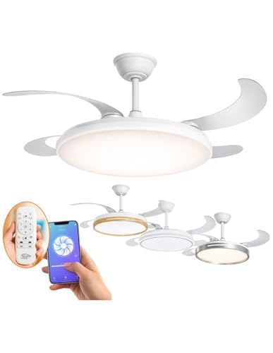 Detalle de JARDIN202 Zahara Wifi Blanco: Ventilador de Techo con Aspas Retráctiles, Luz LED Regulable y Control Remoto