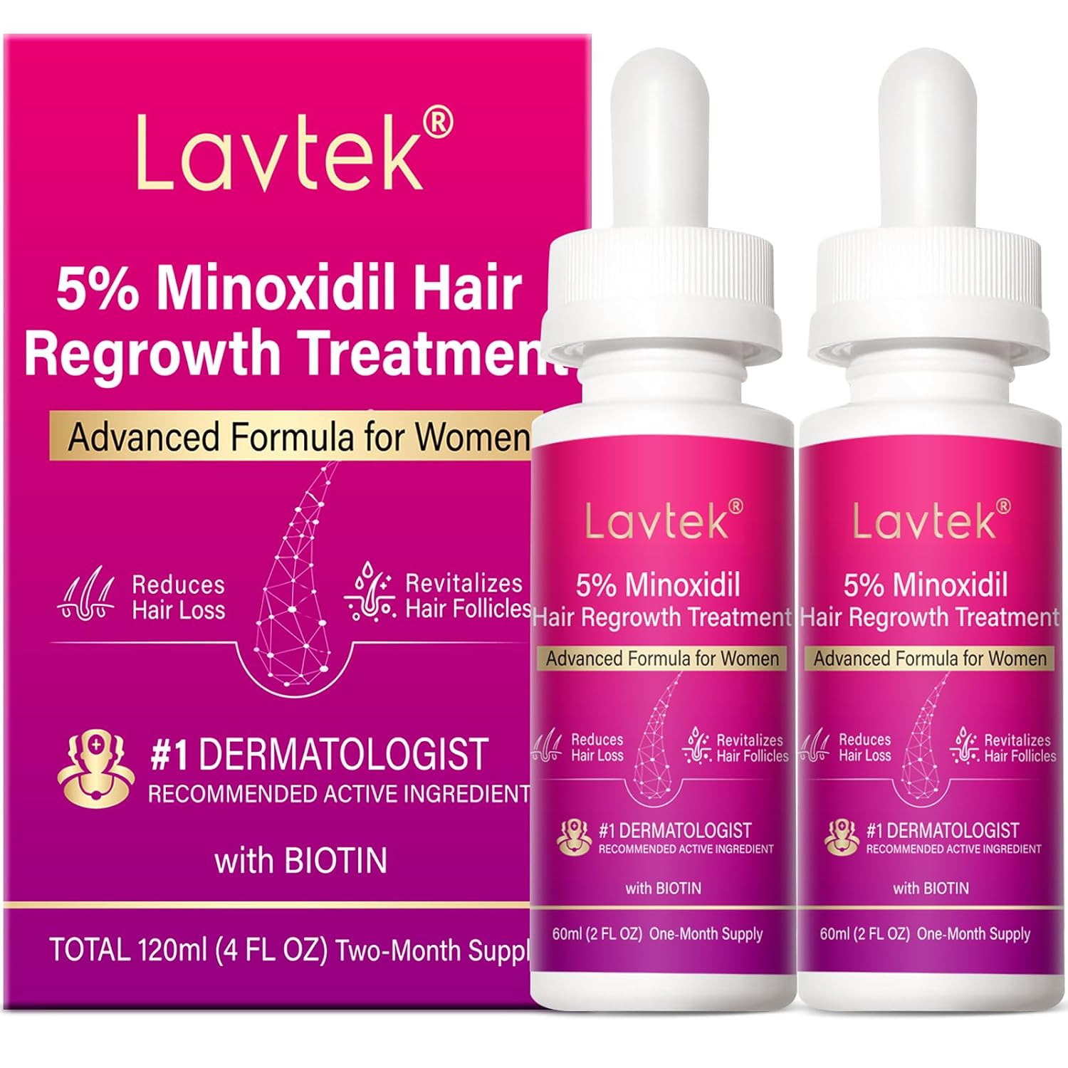 Detalle de Lavtek 5% Minoxidil Hair Growth Serum for Women with Biotin & Castor Oil