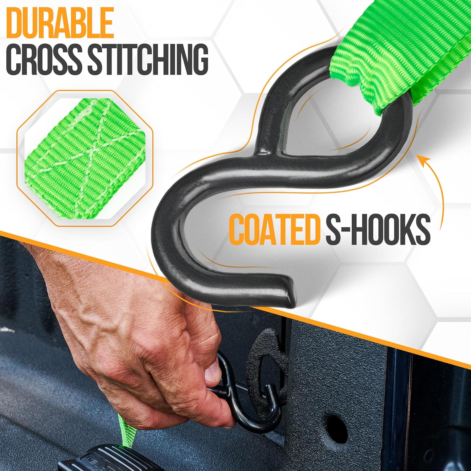 Detalle de FORTEM Ratchet Straps Tie Down Kit (4-pack) – 748kg break strength, 4.6m x 2.54cm straps