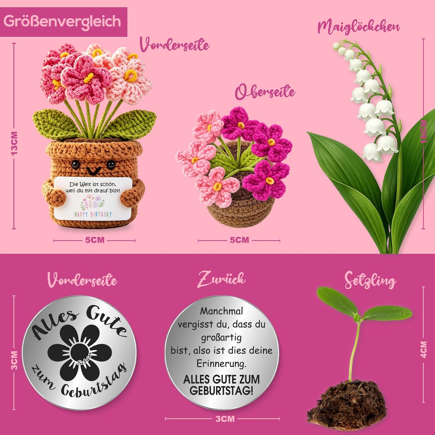 Detalle 2 de Tixlux Rosa Vergissmeinnicht – Handgehäkelte Herzblume als Geburtstagsgeschenk für Frauen