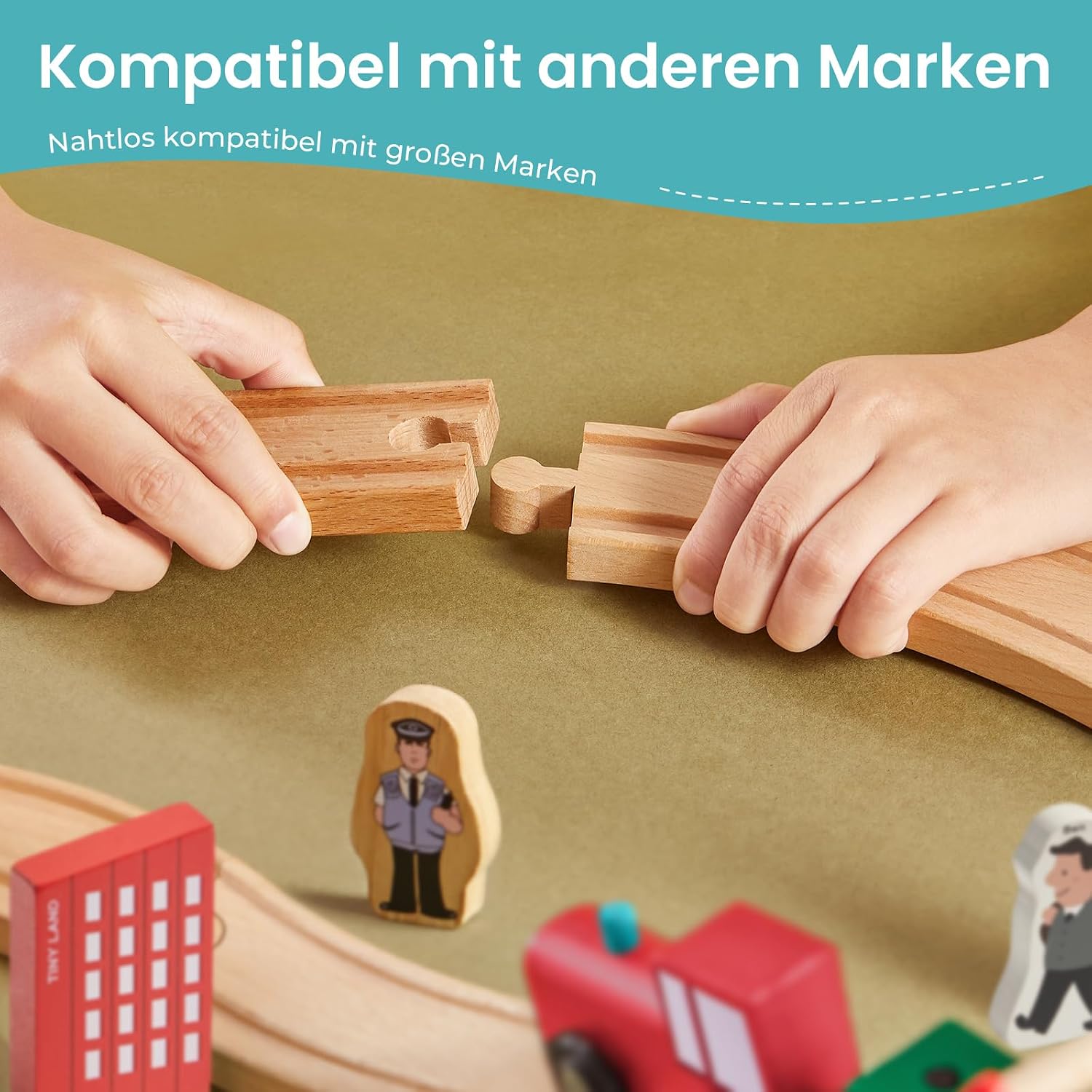 Detalle 2 de Tiny Land Holz-Eisenbahn-Set 39-teilig mit Schienen, Brücke und Figuren (ab 3 Jahren)