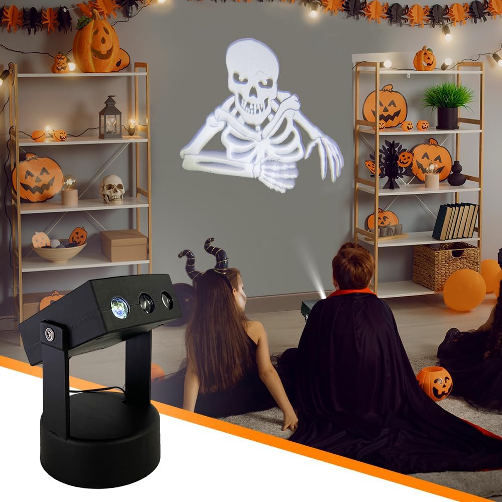 Thumbnail 2 de Bseical Halloweenprojektor med dynamisk 3D-dödskalleprojektion, LED och batteridrift