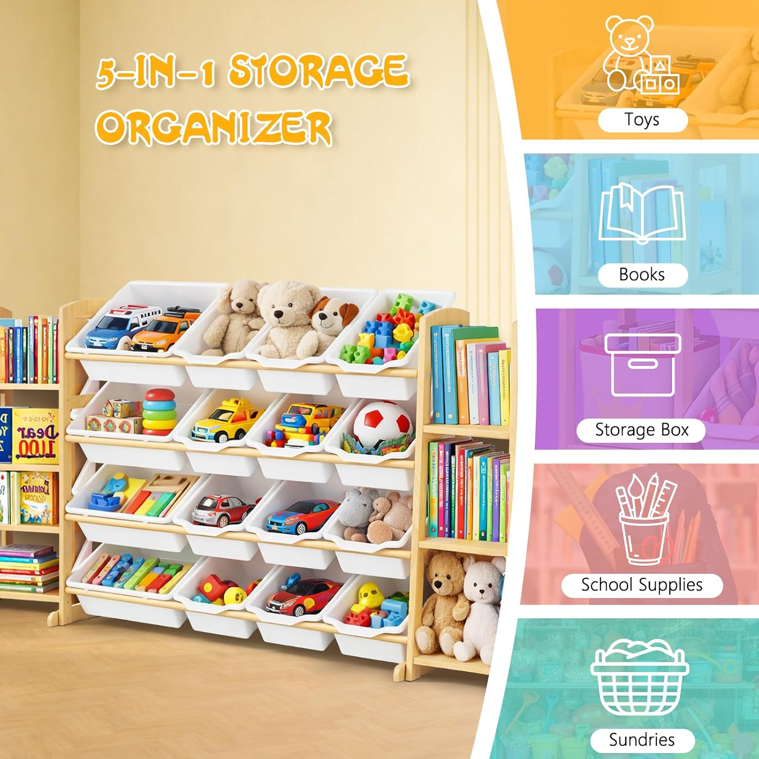 Detalle 2 de Etitlly Kids Toy Storage Organizer with Bookshelf, 16 Bins, 6 Shelves, White