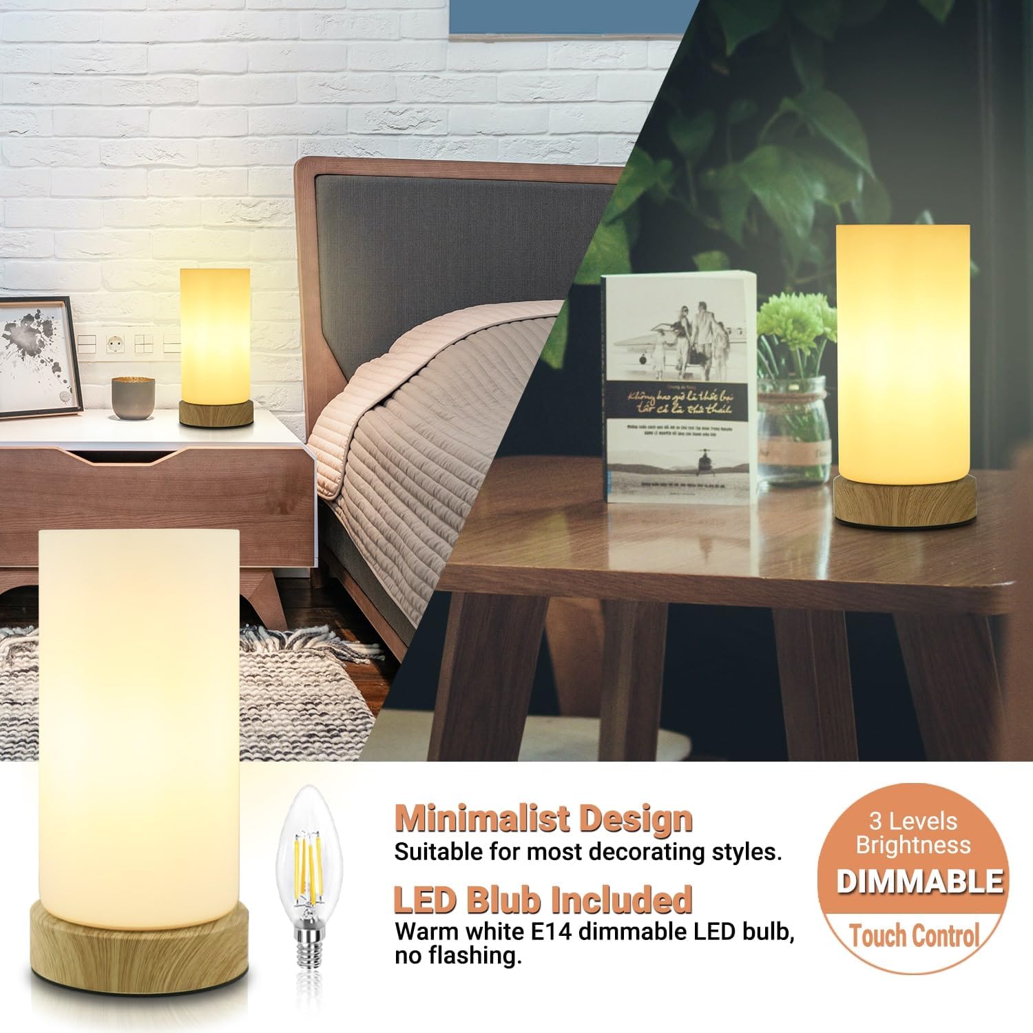 Detalle de HSLighting Touch Glass Bedside Lamp 3-way dimmable