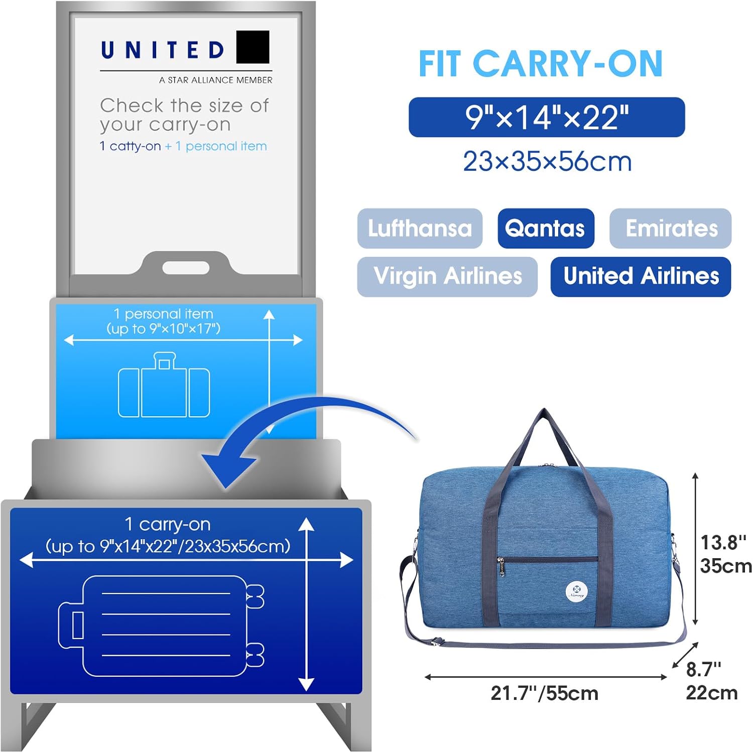 Detalle de For Airlines Large Cabin Bag Foldable Travel Duffel Bag Holdall Tote Carry On Luggage 40L (Thick Series Navy Blue)