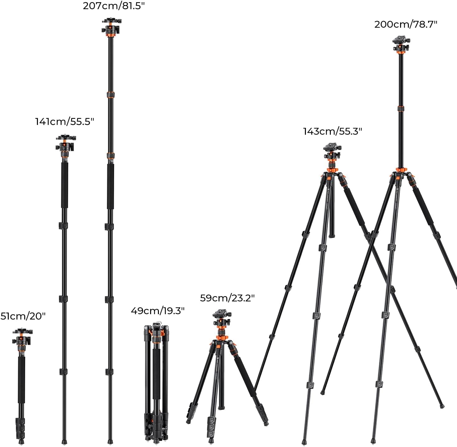 Thumbnail 5 de K&F CONCEPT 200 cm Stativ (78 inch) mit 90° Mittelsäule, Kugelkopf und 1/4-Zoll Gewinde für DSLR