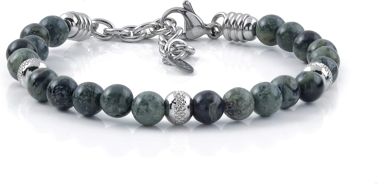 Detalle 2 de 10:10 Bracciale con diaspro verde 6 mm in acciaio inox, 21 cm, produzione Italia