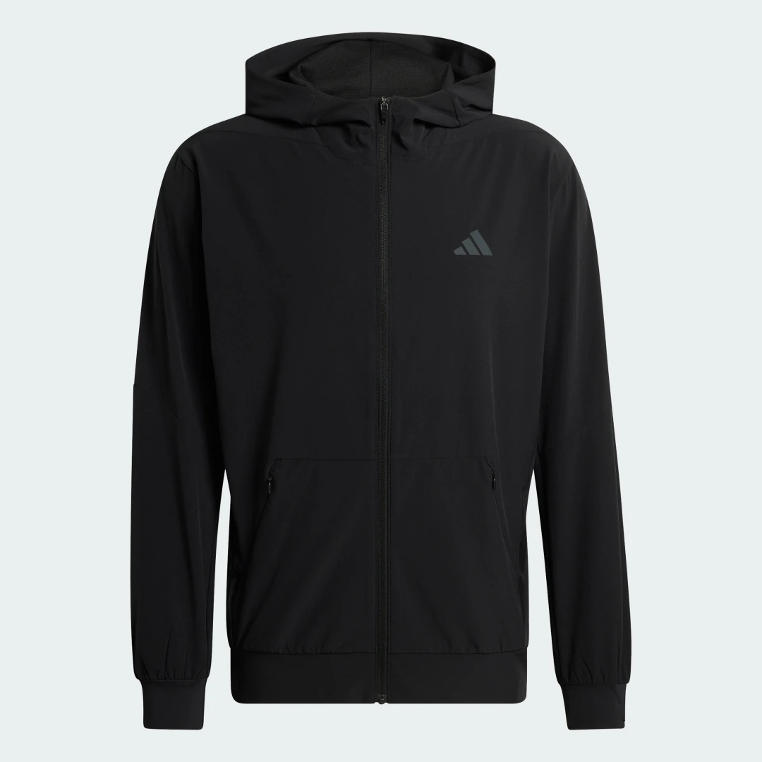 Detalle de Adidas D4T, chaqueta deportiva de entrenamiento con capucha y cremallera negra