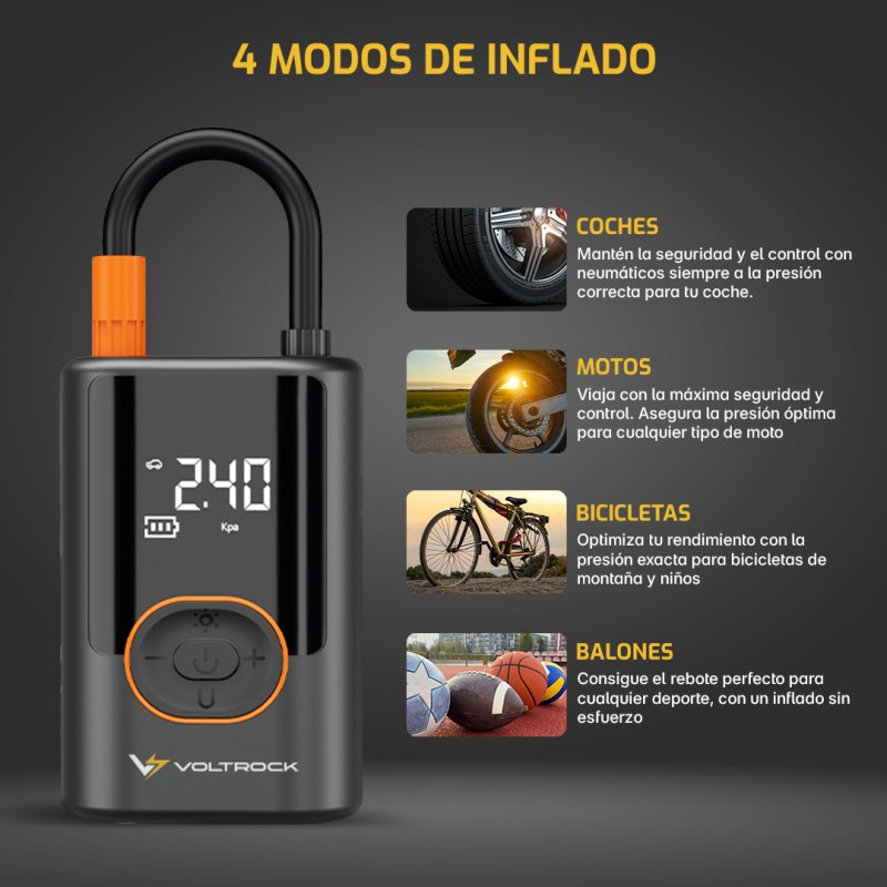 Detalle 2 de Voltrock Mini compresor inflador portátil QuickAir: 0,2–10 bar, USB‑C y power bank
