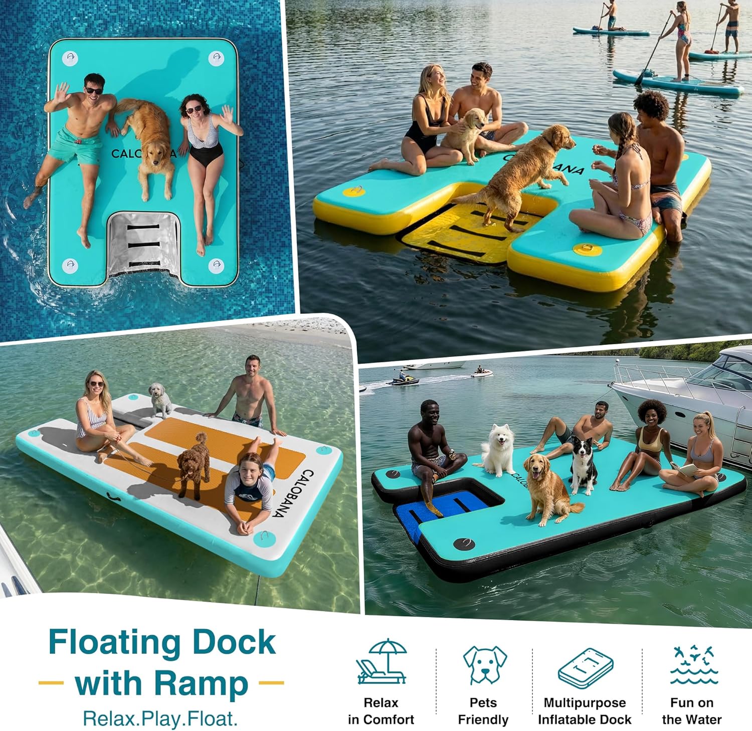 Detalle de CALOBANA Inflatable Floating Dock with Dog Ramp — 6x10 ft Platform for Adults & Pets