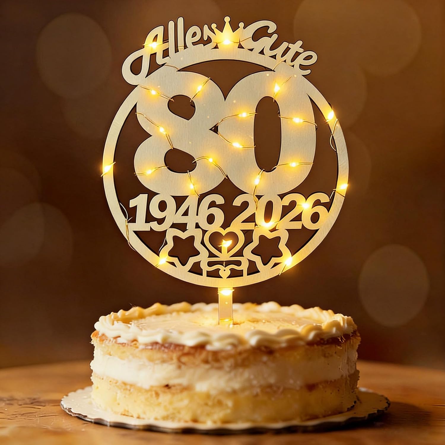 Thumbnail 4 de Tortendeko zum 30. Geburtstag: Cake Topper aus FSC-Holz mit LED-Lichterkette (1996–2026)