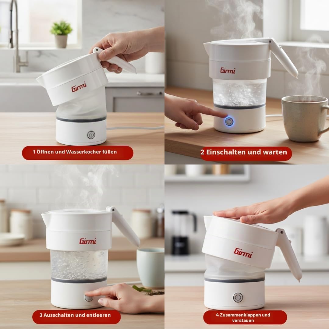 Detalle de Girmi BL03 Zusammenklappbarer Reise-Wasserkocher – 0,6 L, 600 W, Silikon-Kanne, BPA-frei, abnehmbares Kabel, Weiß