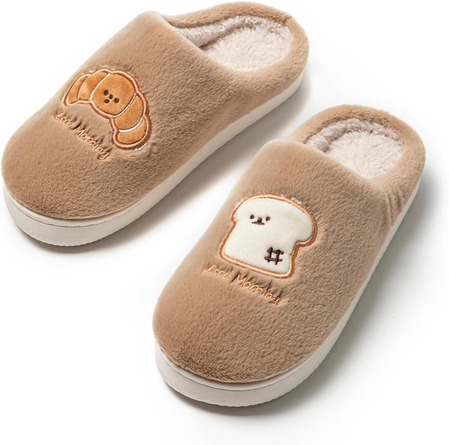 Detalle de JOMIX winterpantoffels voor dames met brood- en briocheborduurwerk, pluche en TPR-zool
