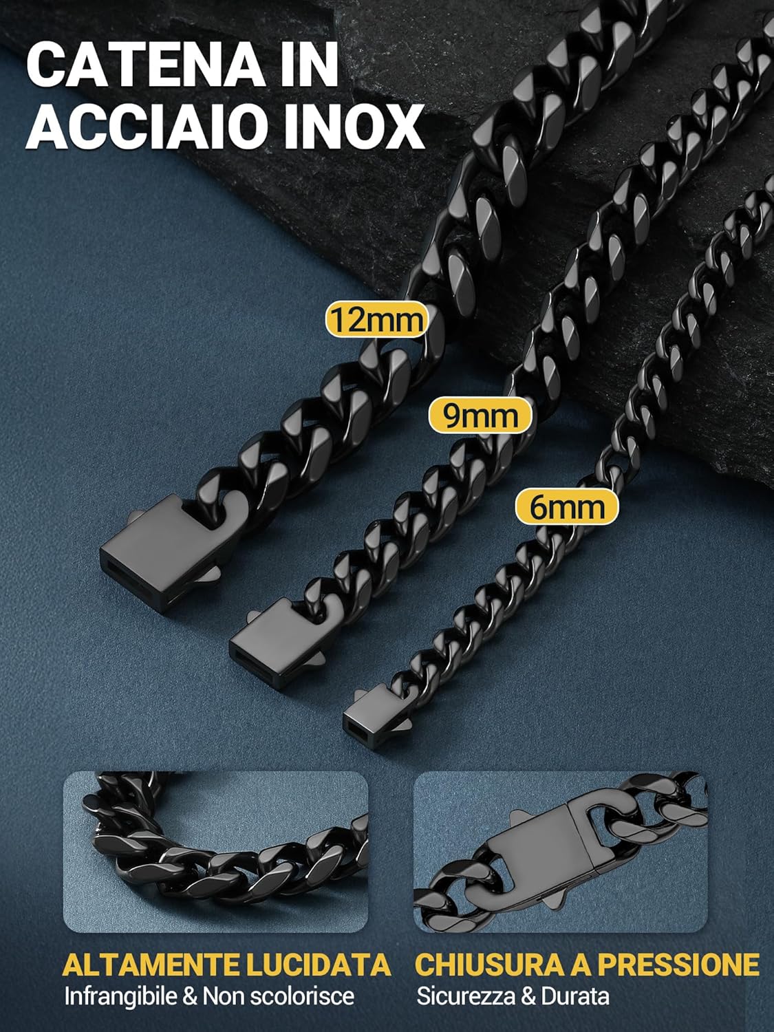 Thumbnail 5 de PROSTEEL Collana Argento Uomo – Catena Cubana Miami in acciaio inox 316L, 6/9/12 mm, 45–75 cm