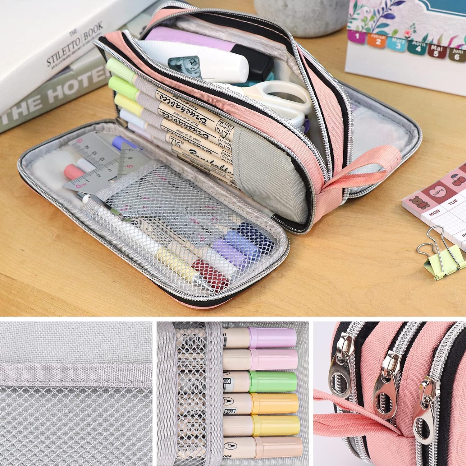 Thumbnail 3 de COLOCASTLE Federmäppchen groß mit 3 Fächern (Rosa) – Pencil Case für Schule, Büro & Teenager