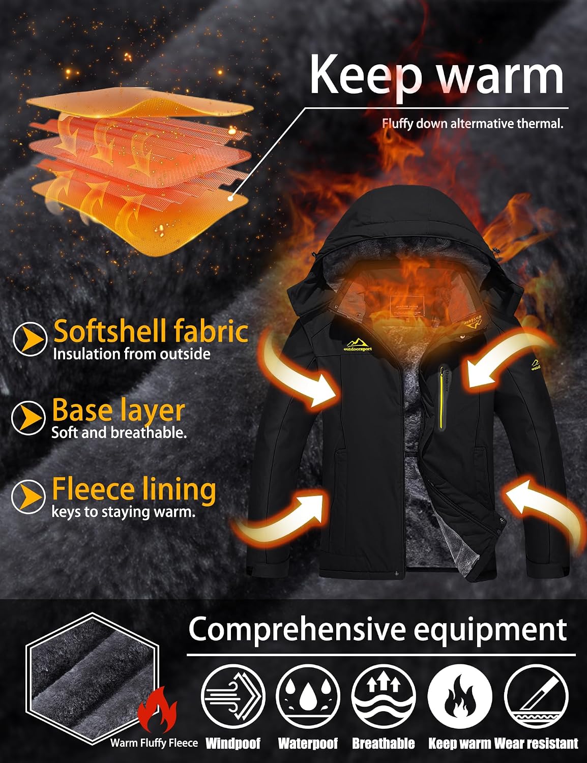 Detalle de TACVASEN Men's Waterproof Fleece-Lined Winter Ski Jacket with Multi-Pocket Design