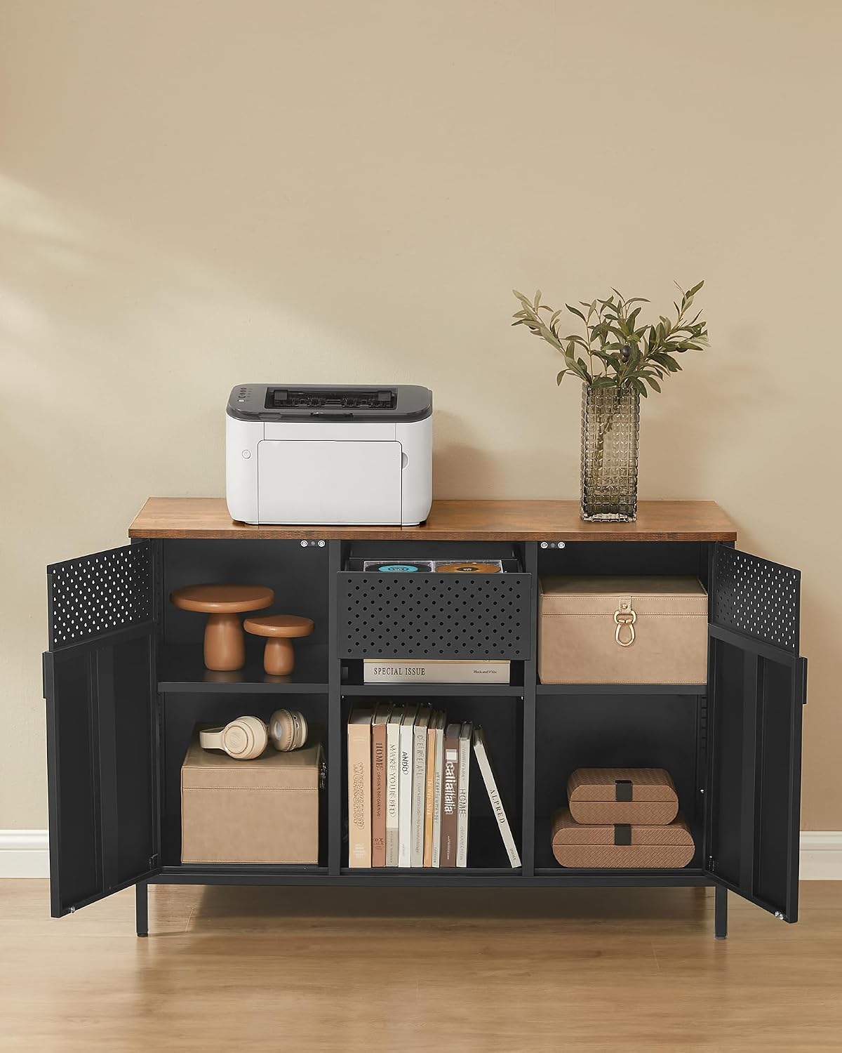 Thumbnail 4 de SONGMICS LSC204B01 Metal Sideboard with Adjustable Shelves, Rustic Brown and Black