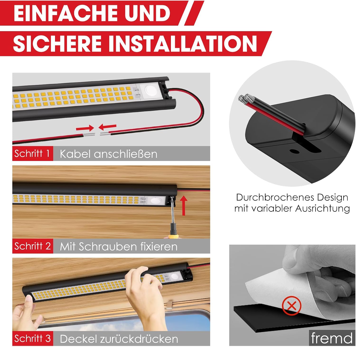Detalle de GZV 12V LED Wohnmobil-Lampe (4er-Set, schwarz) mit 4000K und 1100 lm