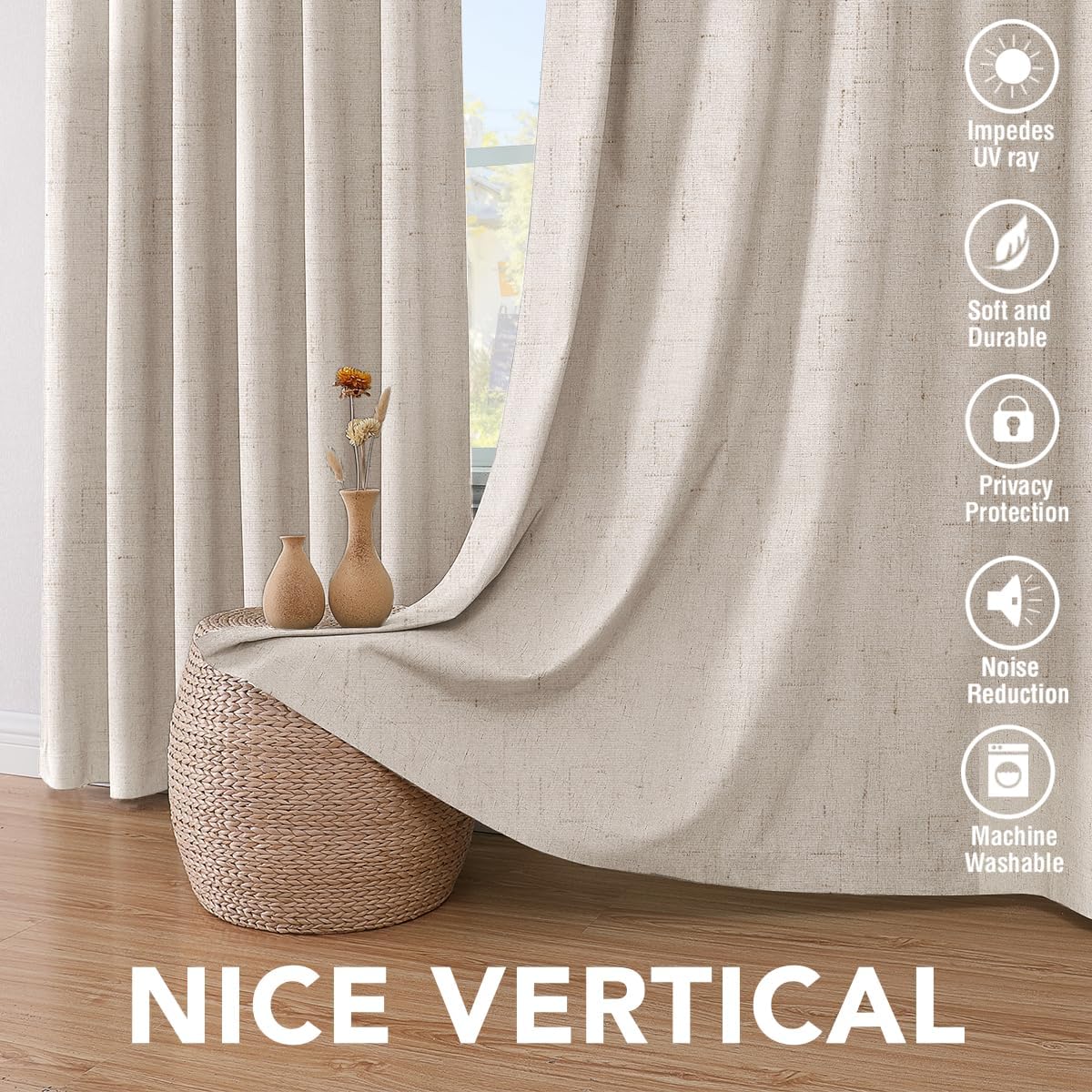 Thumbnail 6 de H.VERSAILTEX Blackout Linen Curtains 108" Long, 2 Panels (104"W x 108"L) with White Liner – 100% Blackout, Faux Linen Look