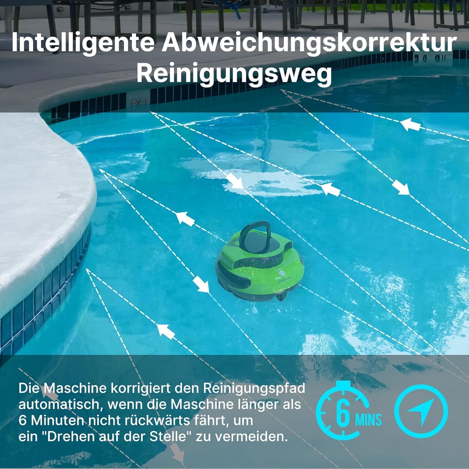 Detalle de POOLPURE Robot de piscine sans fil – Nettoyage rapide sur planchers plats jusqu’à 90 m²