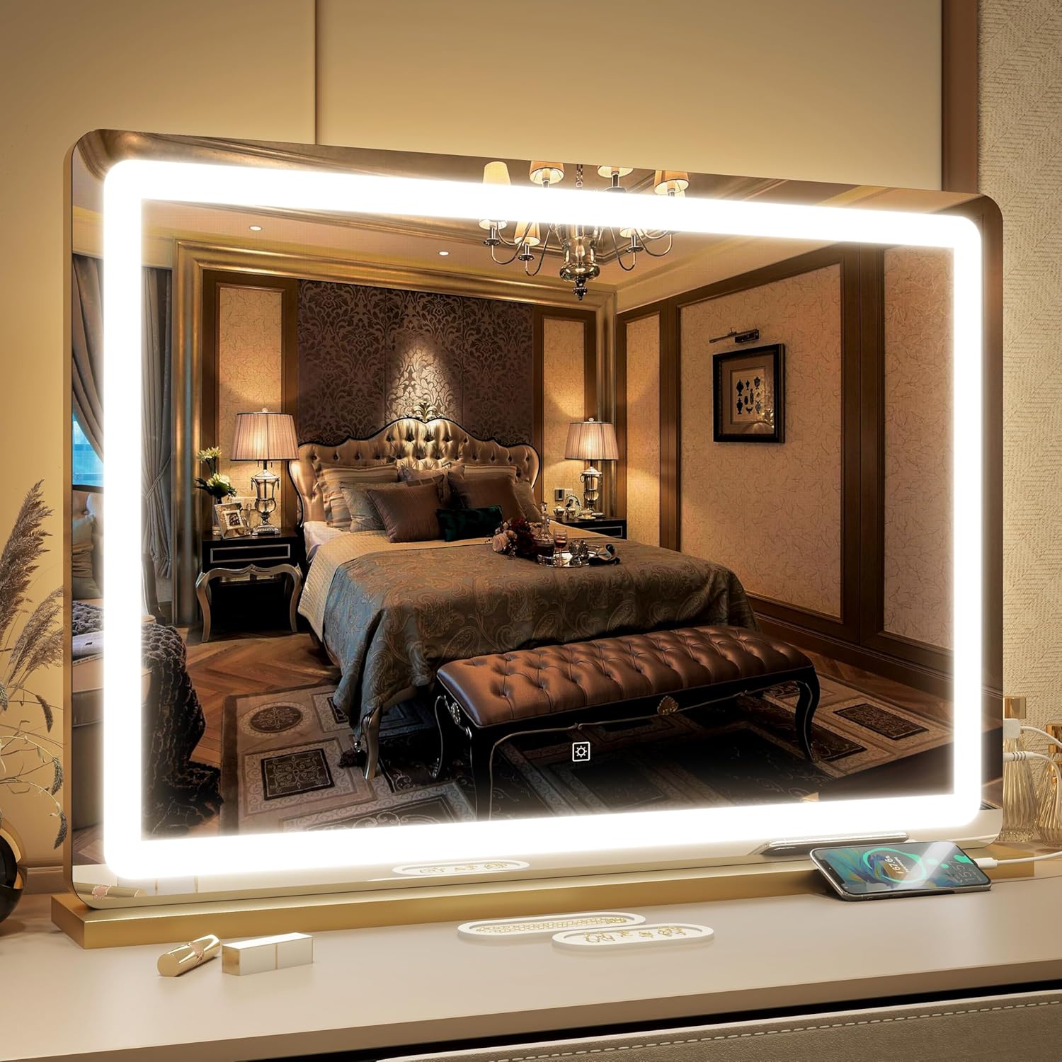 FENNIO Vanity Mirror with Lights 32"x22" — Lighted Makeup Mirror with 3-Color Lighting, Touch Sensor & USB Charging (Gold)