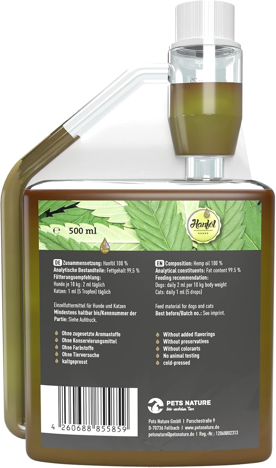 Detalle 2 de Pets Nature Hanföl für Hunde und Katzen – 500 ml reines Premium Hanföl, kaltgepresst, THC-frei, Made in Germany