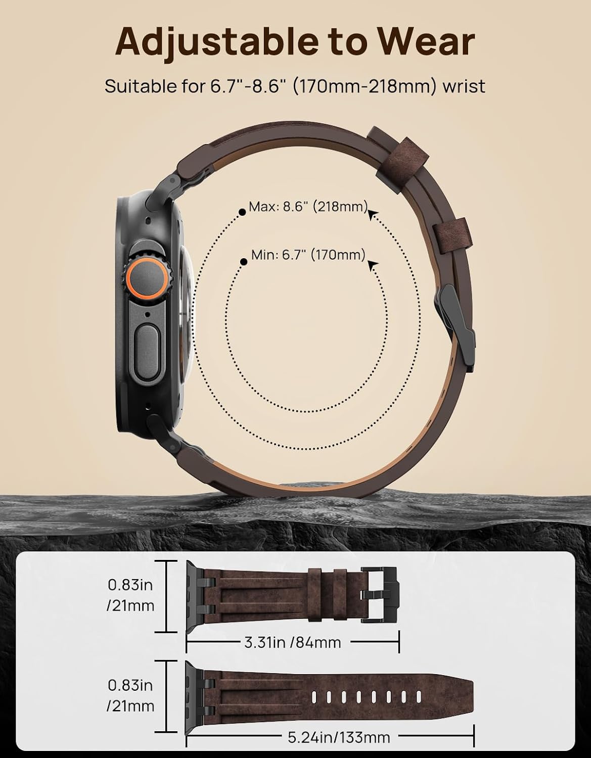 Thumbnail 4 de MoKo Bracelet en cuir pour Apple Watch (Crazy Horse) avec connecteurs métal — compatible 49/46/45/44/42 mm