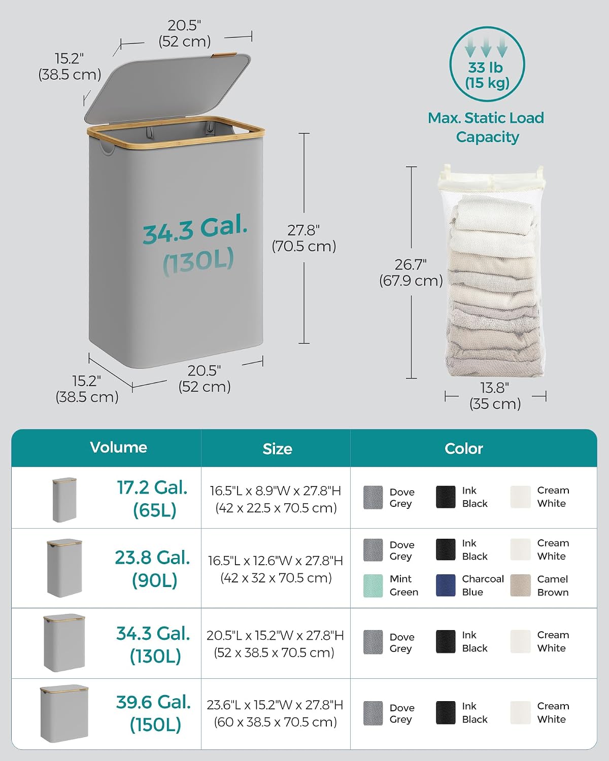 Detalle 2 de SONGMICS LCB513G01V1 130L Laundry Basket with Lid, Two Compartments