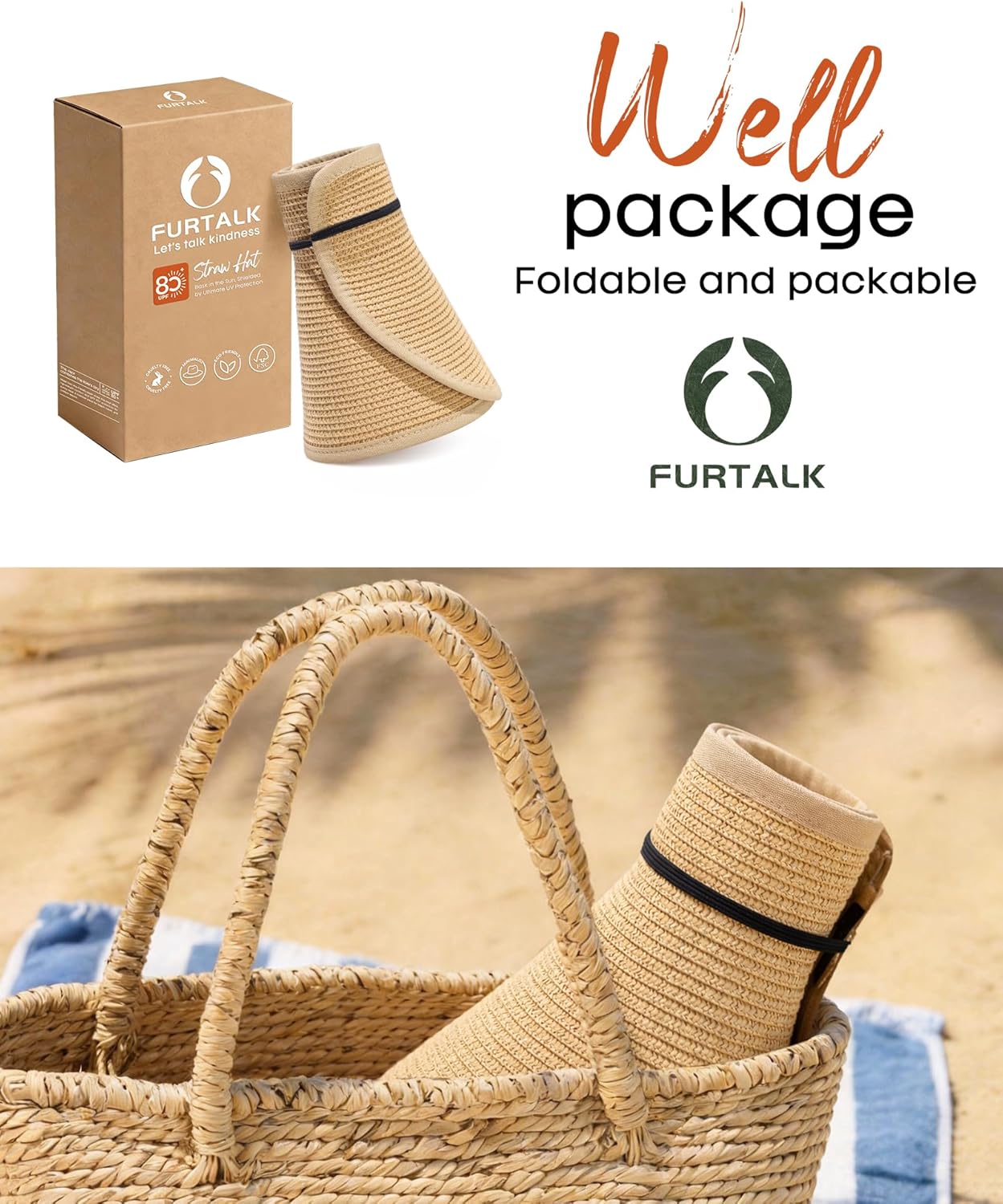 Detalle de FURTALK Women’s Sun Hats Wide Brim Straw Hat with UPF 80+ Protection (Packable, Foldable, Ponytail Opening)