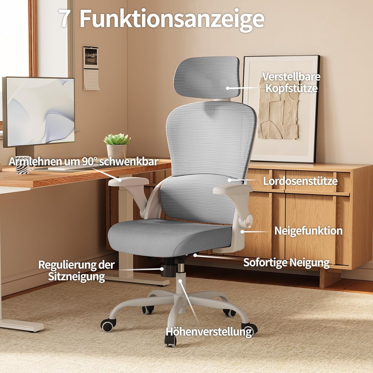 Detalle de TRALT Ergonomischer Bürostuhl – verstellbare Kopfstütze, 150 kg Tragkraft und atmungsaktives Netzdesign