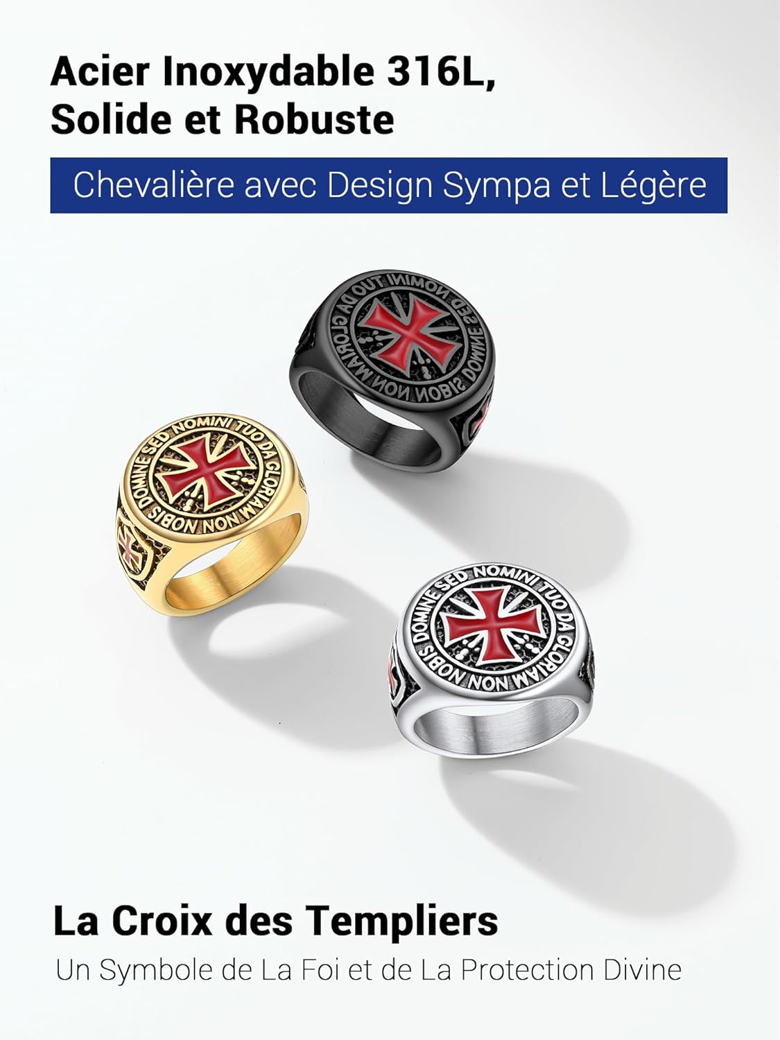 Thumbnail 5 de PROSTEEL Bague chevalière Templier homme en acier inoxydable 316L, croix templière, plaqué or/noir