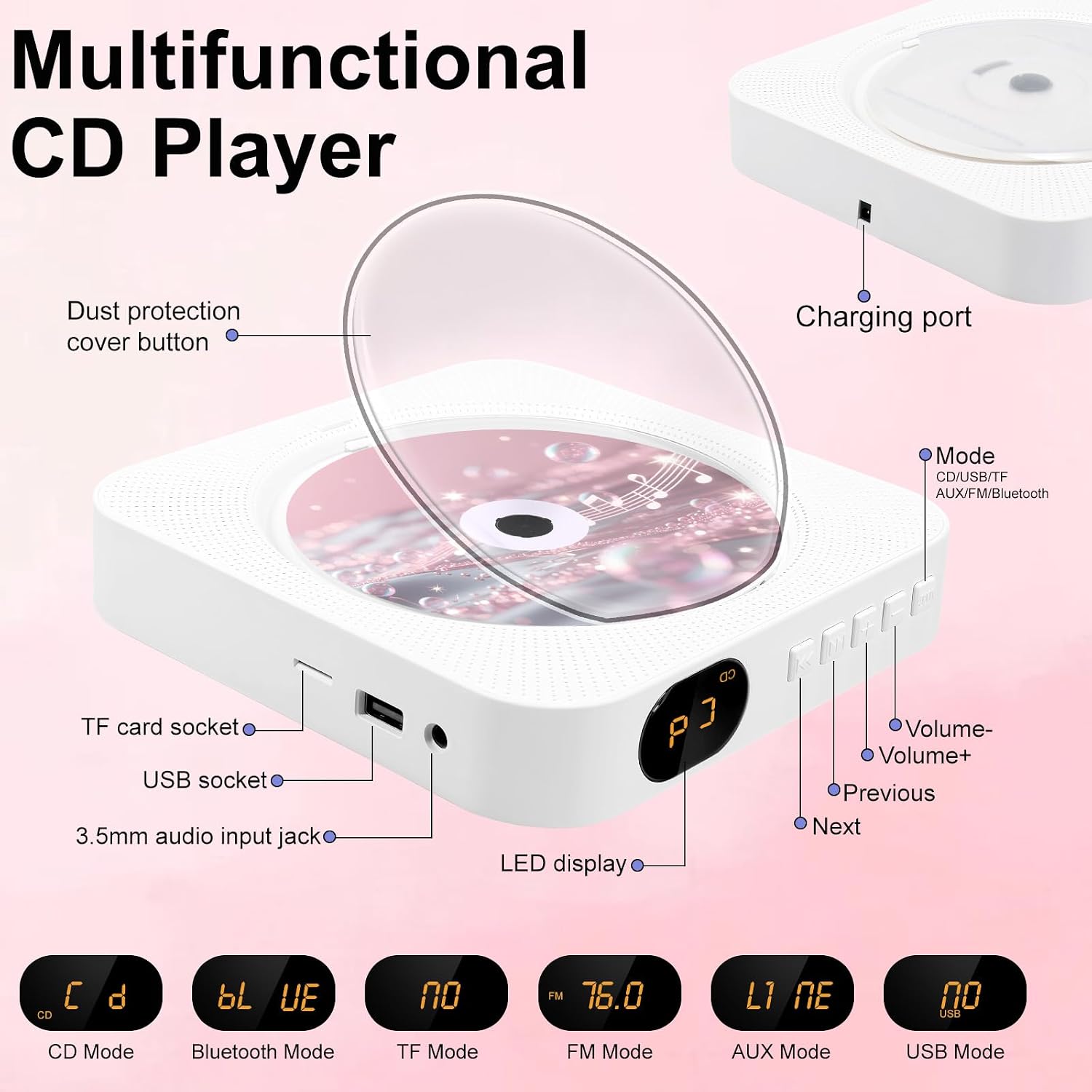 Detalle de Canareen cd player bluetooth-cd-speler met FM-radio, USB en stofkap