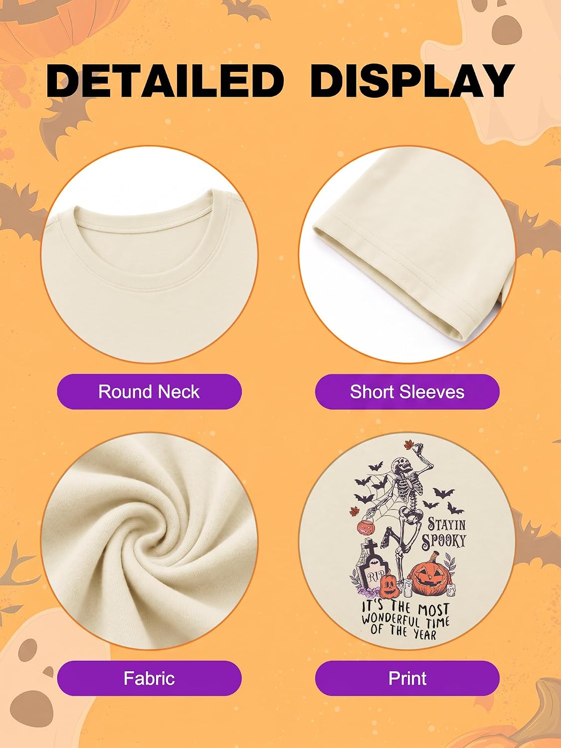 Detalle 2 de Zellea Halloween T-Shirt for Women with Ghost, Pumpkin, Witch and Skeleton Graphics
