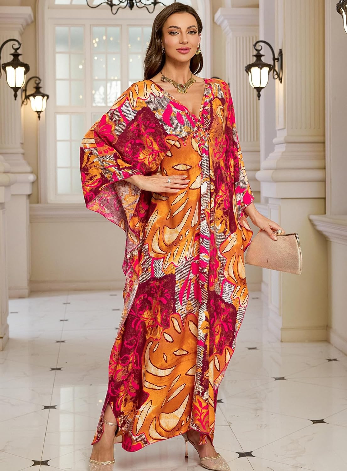 Detalle de Yanziliu Plus Size Kaftan Dress: Floral V-Neck Beach Cover Up