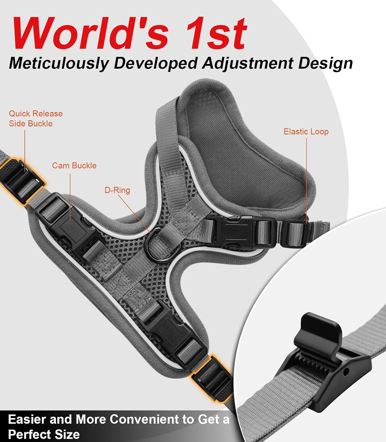 Detalle 1 de Kaazylab Kaazy Cat harness, Adjustable Grey Mesh Cat Harness for 7–12 lb Cats