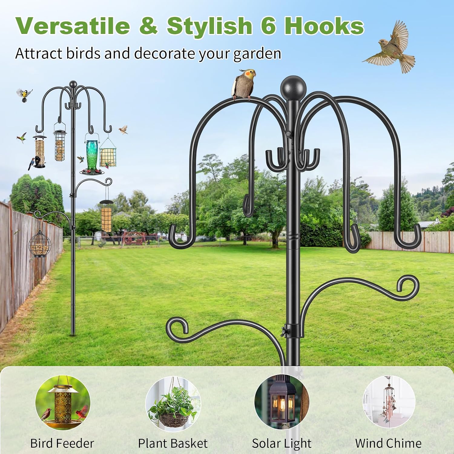 Thumbnail 2 de Bird Feeders Hanging Station: 224cm Adjustable Pole with 6 Hooks for Outdoors