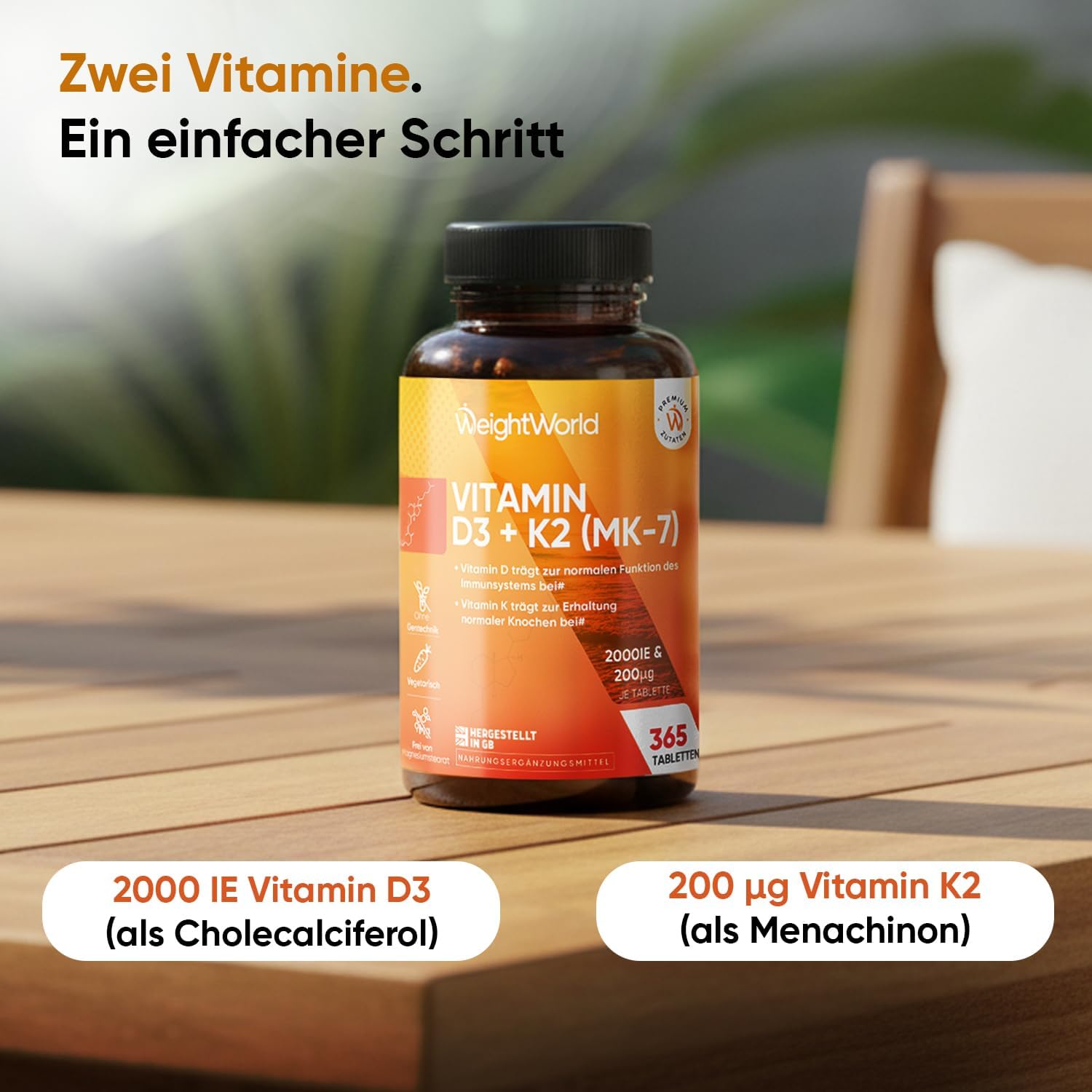 Detalle 2 de Vitamin D3 K2 2000 IE – 365 Tabletten (2-Jahres-Vorrat) von WeightWorld