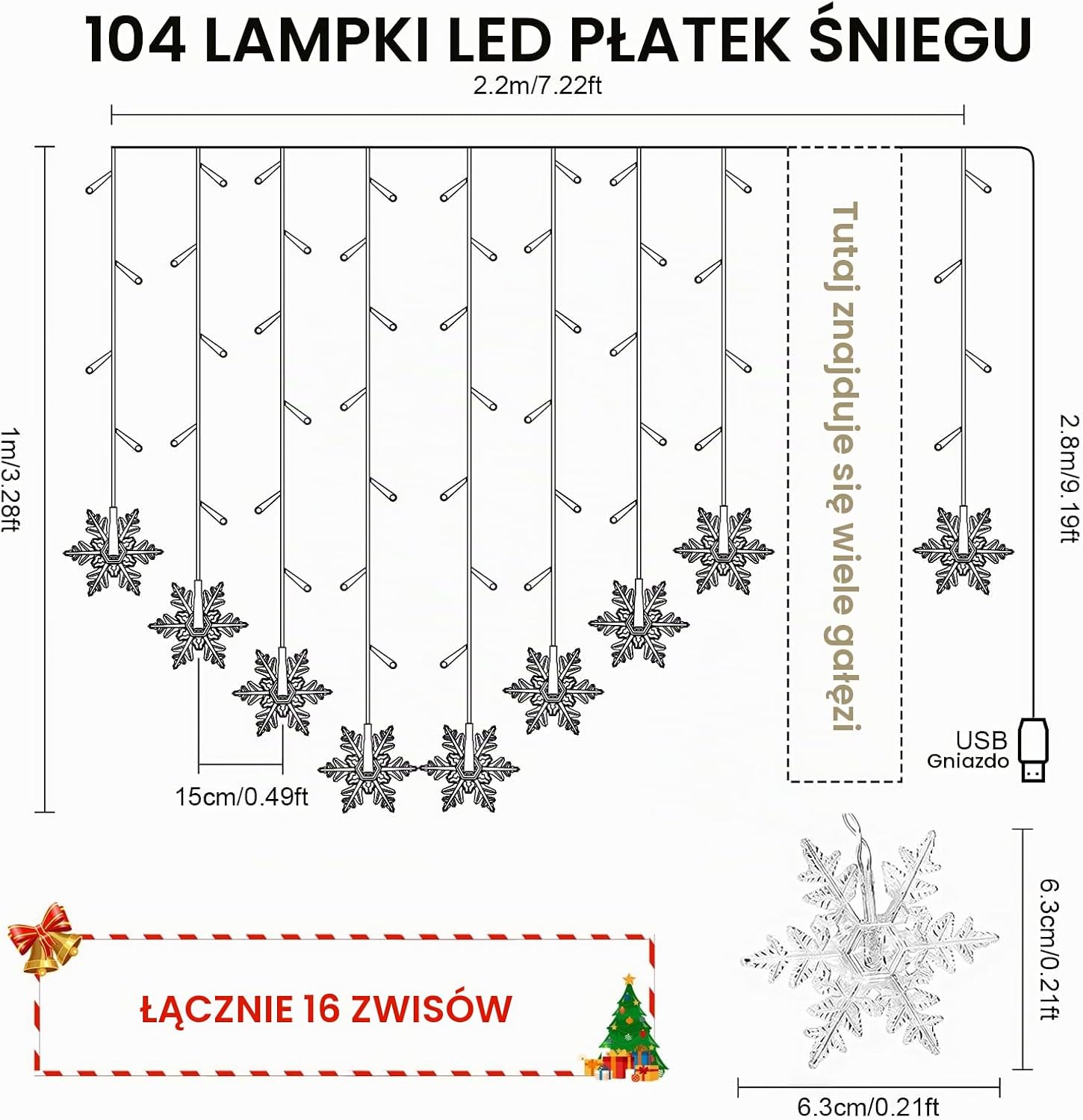 Detalle de A.bigwhale kurtyna świetlna 2 × 1 m, 104 LED, płatki śniegu, ciepła biel