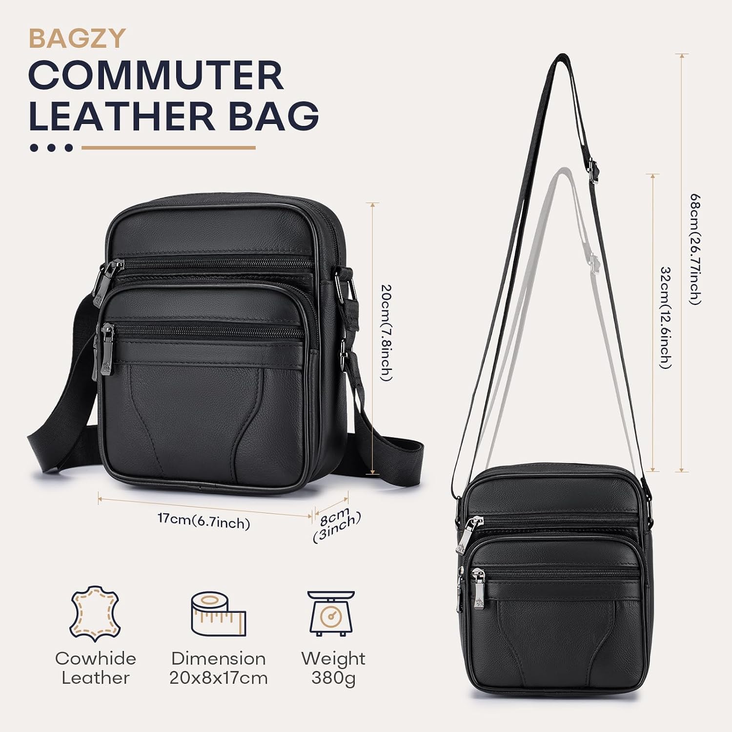 Detalle 1 de BAGZY Sacoche Homme Bandoulière Cuir Véritable Petit Sac