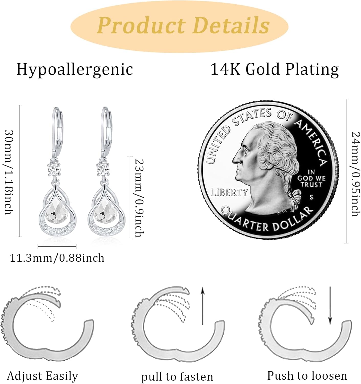 Detalle de Gold Earring Trendy Leverback Birthstone Earrings in 14K White Gold Plating — Teardrop Dangle