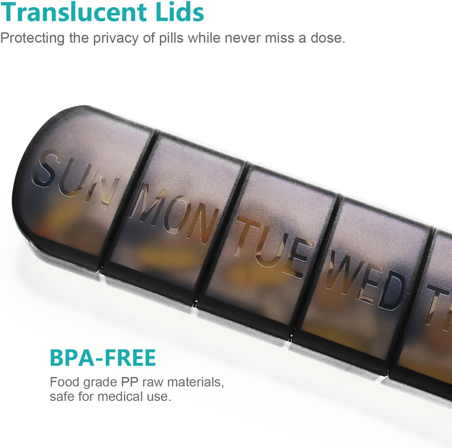 Thumbnail 4 de FHORAIN 2Pack-pillbox wekelijkse pillenorganizer, 7 vakken, BPA-vrij, zwart