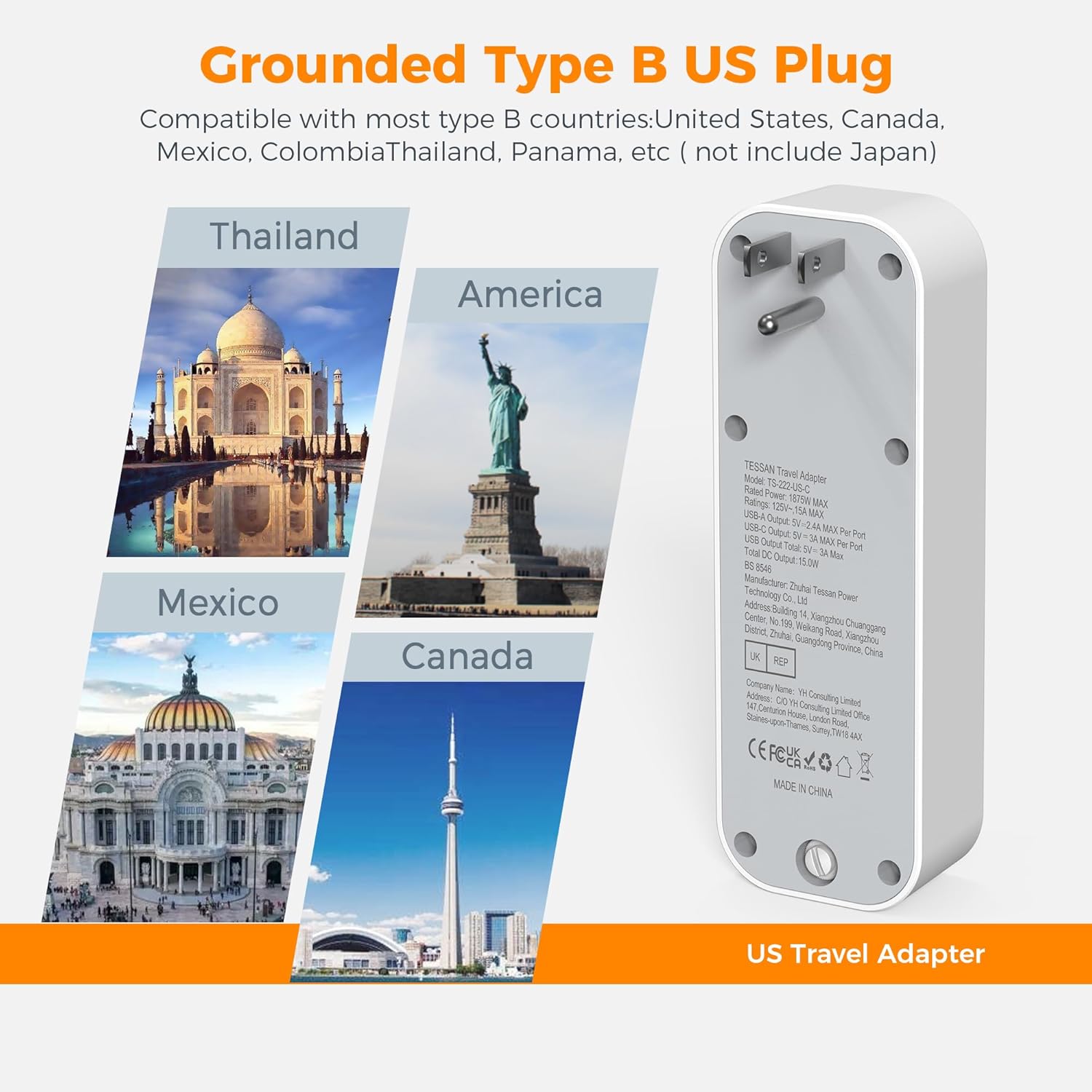 Thumbnail 2 de TESSAN UK to US Plug Adaptor with USB‑C, 3 ports 🔌