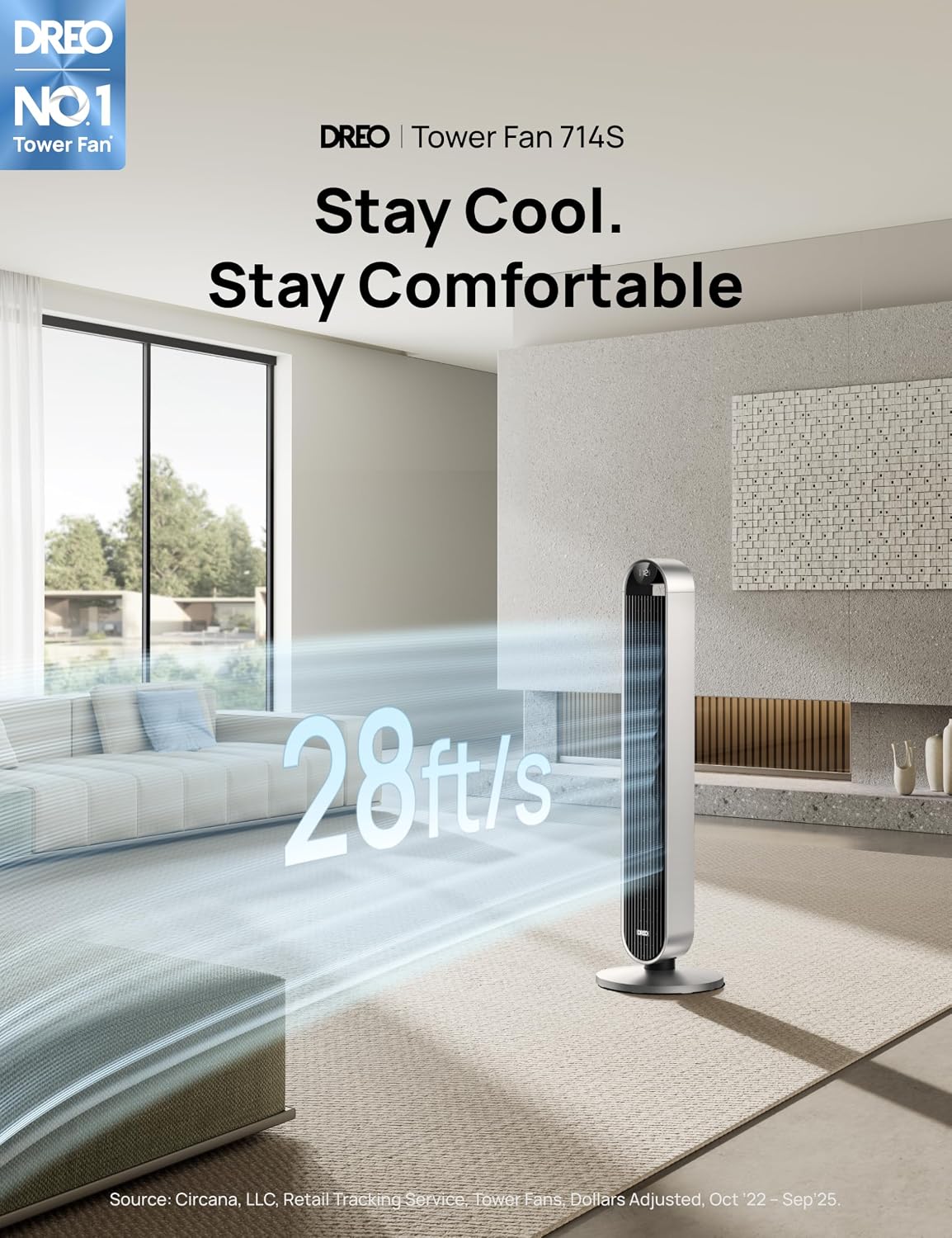 Detalle 2 de DREO Pilot Max 42-Inch Bladeless Tower Fan, 120° Oscillation
